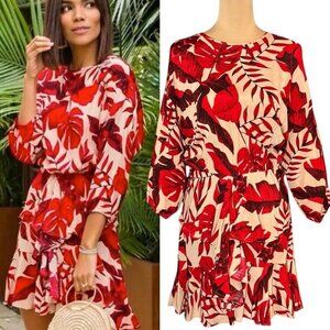Johanna Ortiz X H&M Flounced Floral Mini Dress Sz.S Red Ruffle Blogger Fav